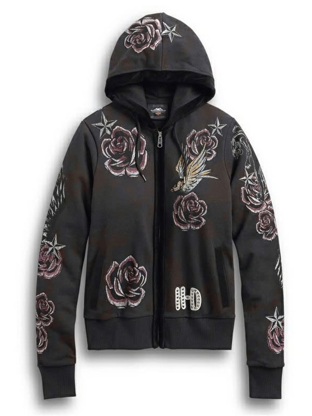 Harley Davidson Zip Up Hoodie Rose Sparrow Eagle Velvet Trim Sweatshirt Heavy